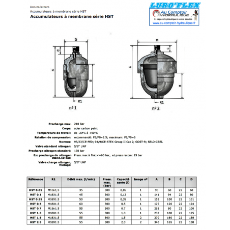 Accumulateur hydraulique - a membrane 1.50 L - HST150 - 300 B