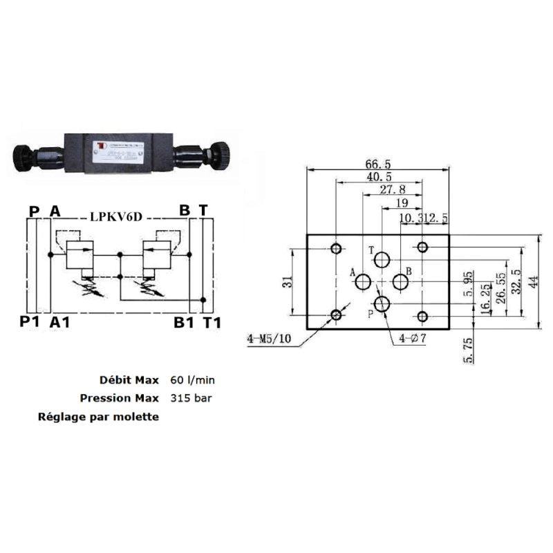 Limiteur de pression en A et B - sur embase Cetop 3 - 0/315 bar Trale - 3