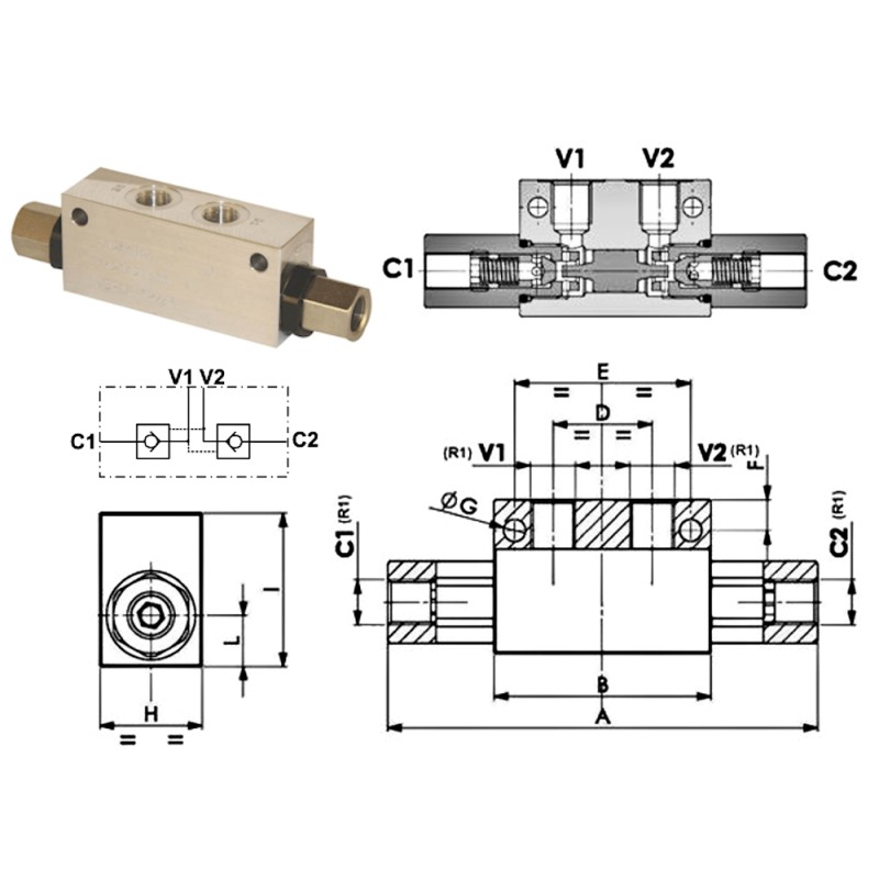 Clapet anti retour double piloté en T - DN 3/8 BSP - R 1:6 - 30 L/MN - 300 B - L 158 VT008006 54,95 €