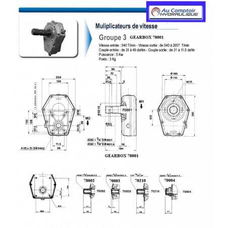 Multiplier/Pump GR3 - R 1:3.5 - Pump 33 cc - 62 L/MN - Male shaft 3/8 6 teeth.