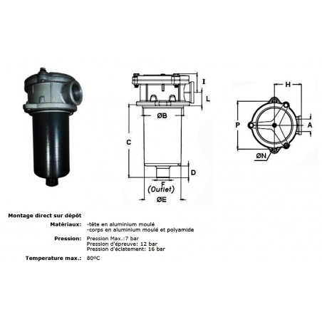 Return filter support head - semi-immersed - 1" BSP - Height 153 mm