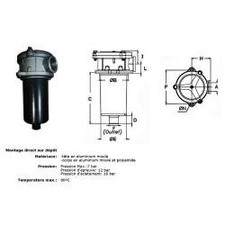 Testa di supporto del filtro di ritorno - Semisommersa - 1" BSP - Altezza 230 mm