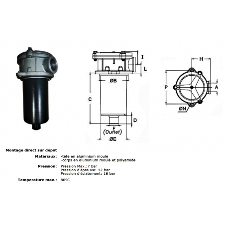 Testa di supporto del filtro di ritorno - Semisommersa - 1" BSP - Altezza 230 mm