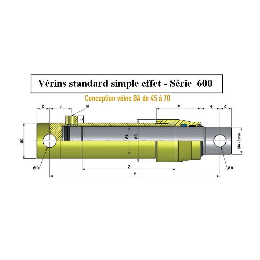 Verin hydraulique simple effet renforcé - tige Ø 55 - avec fixation Ø 25.25 - Sortie 3/8 BSP