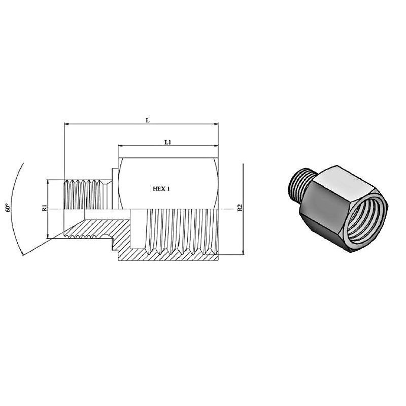Prolongateur inégal 65 mm M-F - MBSPCT 1"1/2 cone 60° x FG 2" BSP  - 3
