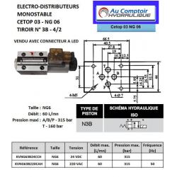 electrodistributeur 24 VCC monostable - NG6 - 4/2 CENTRE OUVERT - en H - N3B. KVNG63B24CCH 96,38 €