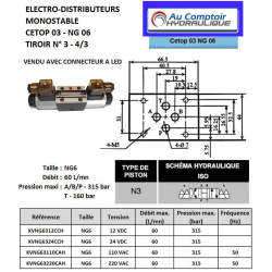 electrodistributeur 110 VAC monostable - NG6 - 4/3 CENTRE OUVERT - en H - N3. KVNG63110CAH 111,66 €