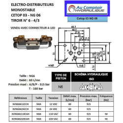 electrodistributeur 220 VAC monostable - NG6 - 4/3 - Y en A/B/T et P FERME - N6. KVNG66220CAH 96,67 €