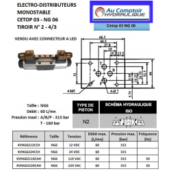 electrodistributeur 12 VCC monostable - NG6 - 4/3 CENTRE TANDEM - P sur T - N2. KVNG6212CCH 111,66 €
